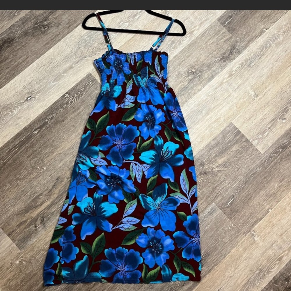 smocked tropical print dress